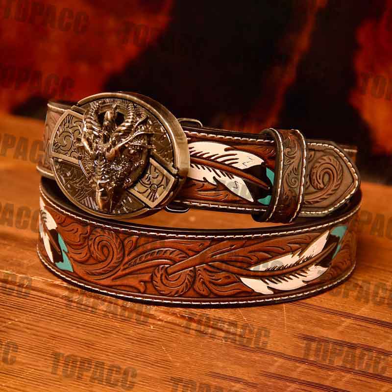 Waist 42-46 inch Western Leather Feather Belt - Block Buckle