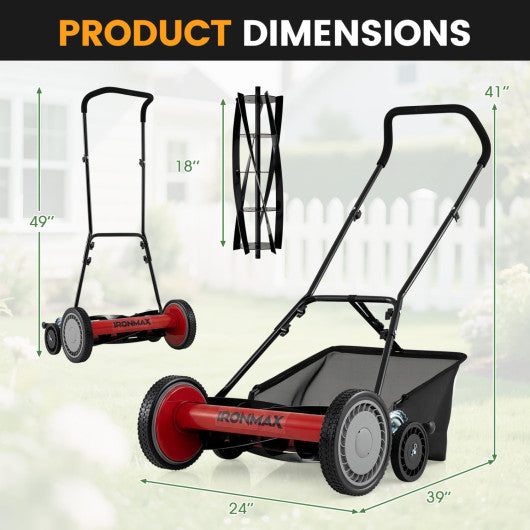 18 Inch Push Reel Lawn Mower 4-Position Adjustable with Removable Grass Catcher-Red