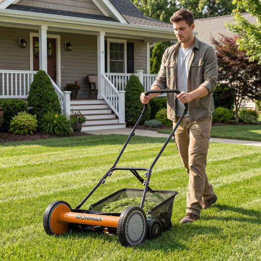 18 Inch Push Reel Lawn Mower 4-Position Adjustable with Removable Grass Catcher-Orange