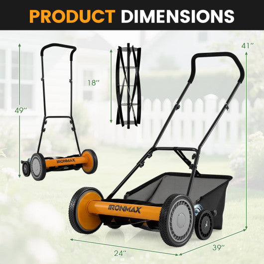 18 Inch Push Reel Lawn Mower 4-Position Adjustable with Removable Grass Catcher-Orange