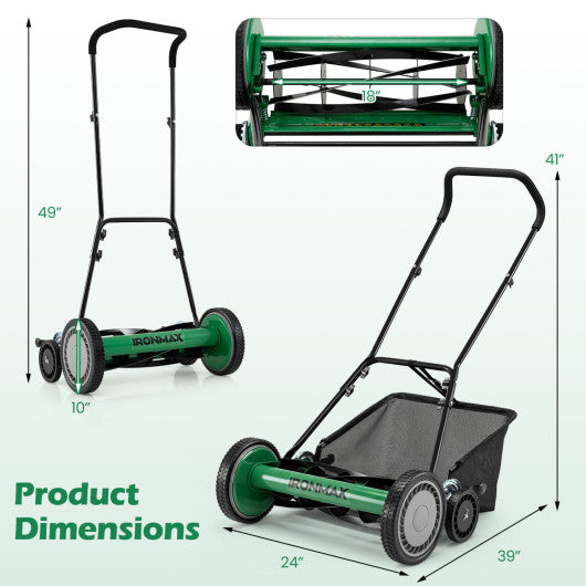 18 Inch Push Reel Lawn Mower 4-Position Adjustable with Removable Grass Catcher-Green