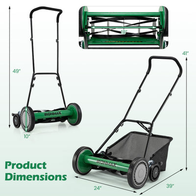 18 Inch Push Reel Lawn Mower 4-Position Adjustable with Removable Grass Catcher-Green
