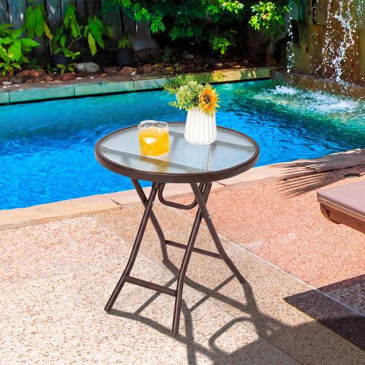 18 Inch Round Patio Side Table with Tempered Glass Top-Brown