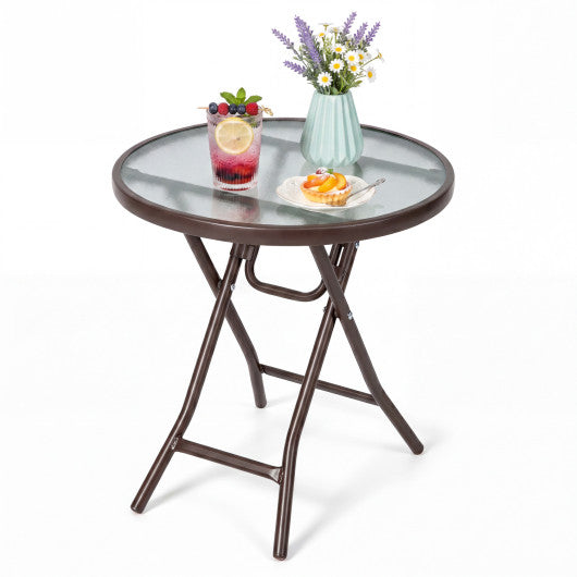 18 Inch Round Patio Side Table with Tempered Glass Top-Brown