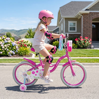 18 Inches Girls Bike with Front Bag and Streamers for 4-8 Years Pink
