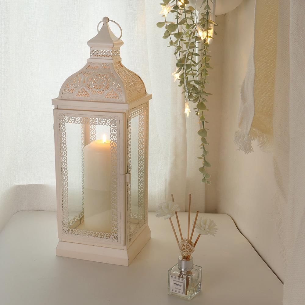 Rustic Metal Decorative Candle Lantern Hanging  Candle Holder with Tempered Glass(White)