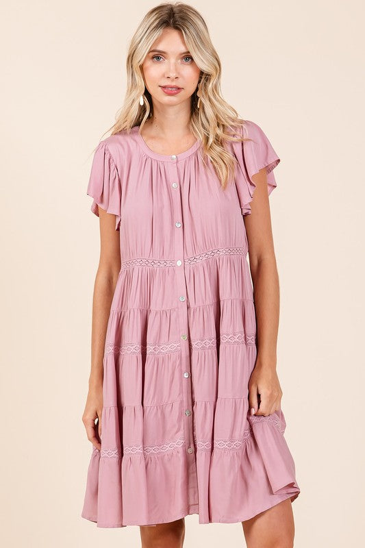 Lace Detail Ruffled Button Down Tiered Dress For Women – Romantic, Fluttering, Delicate, Feminine & Elegant Design