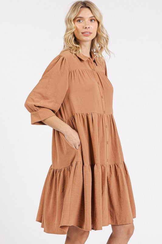 Button Detail Collared Neck Tiered Shirt Dress – Sophisticated and Versatile Dress with Classic Button Details and Flattering Tiered Silhouette