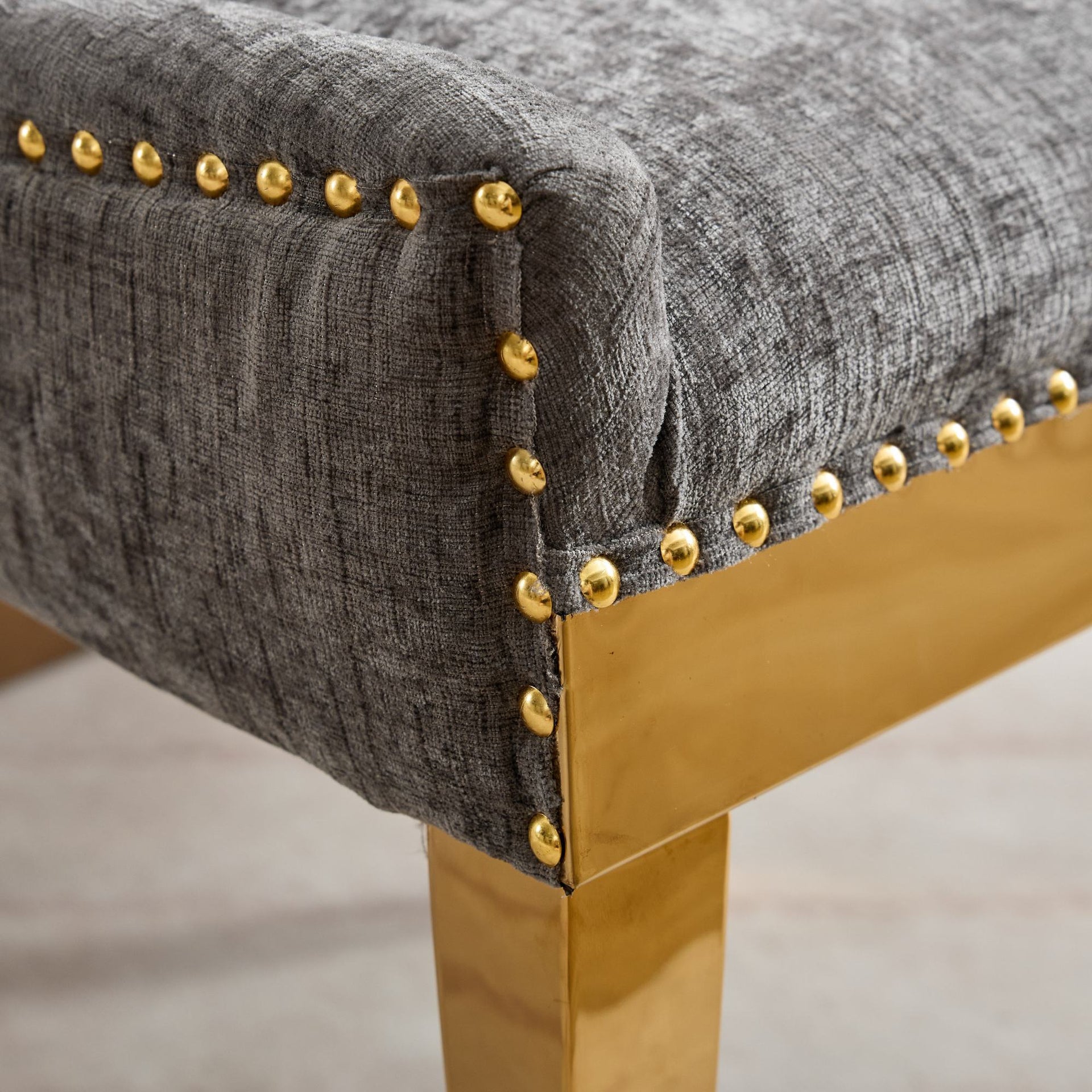 Chenille Dining Chairs Modern Style with Curved Gold-Plated Legs & Rivet Trim
