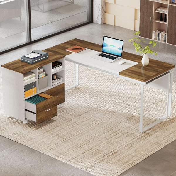63 Inch L Shaped Desk Reversible Cabinet Natural Oak Wood Finish