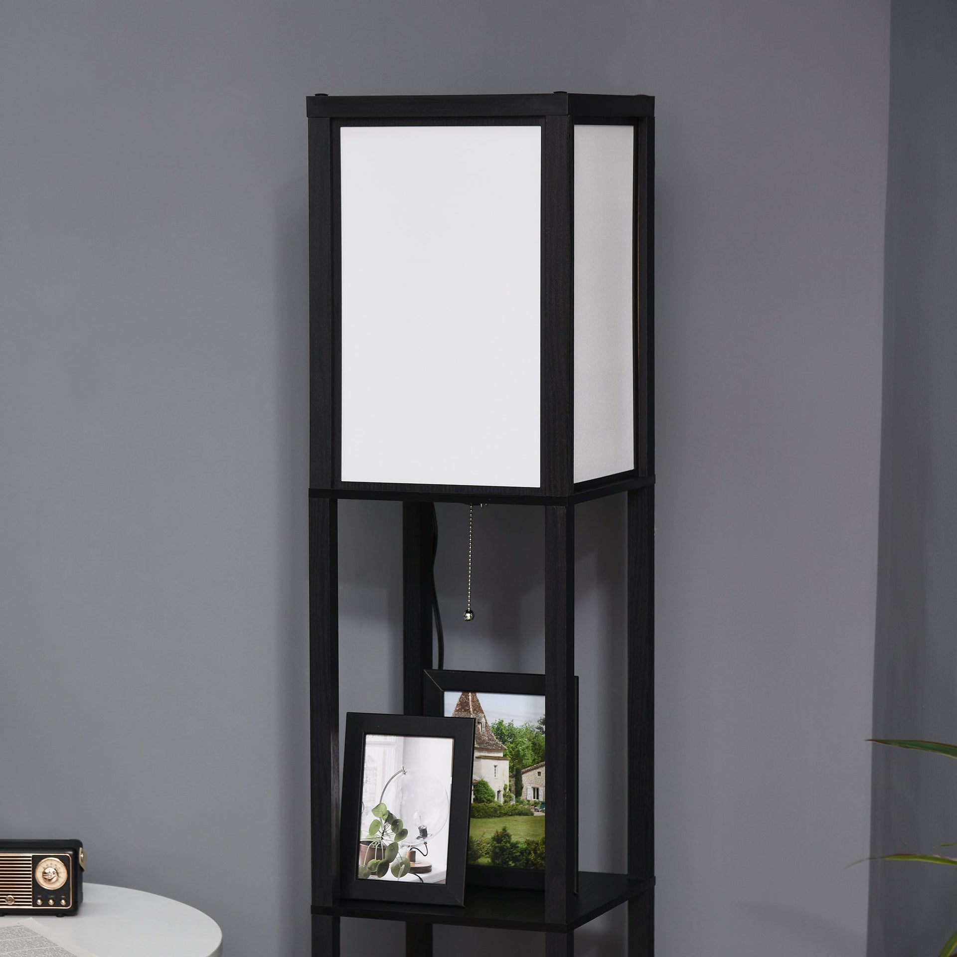 Boho Shelf Floor Lamp with Dual Fabric Shades & Built-In Storage Shelves
