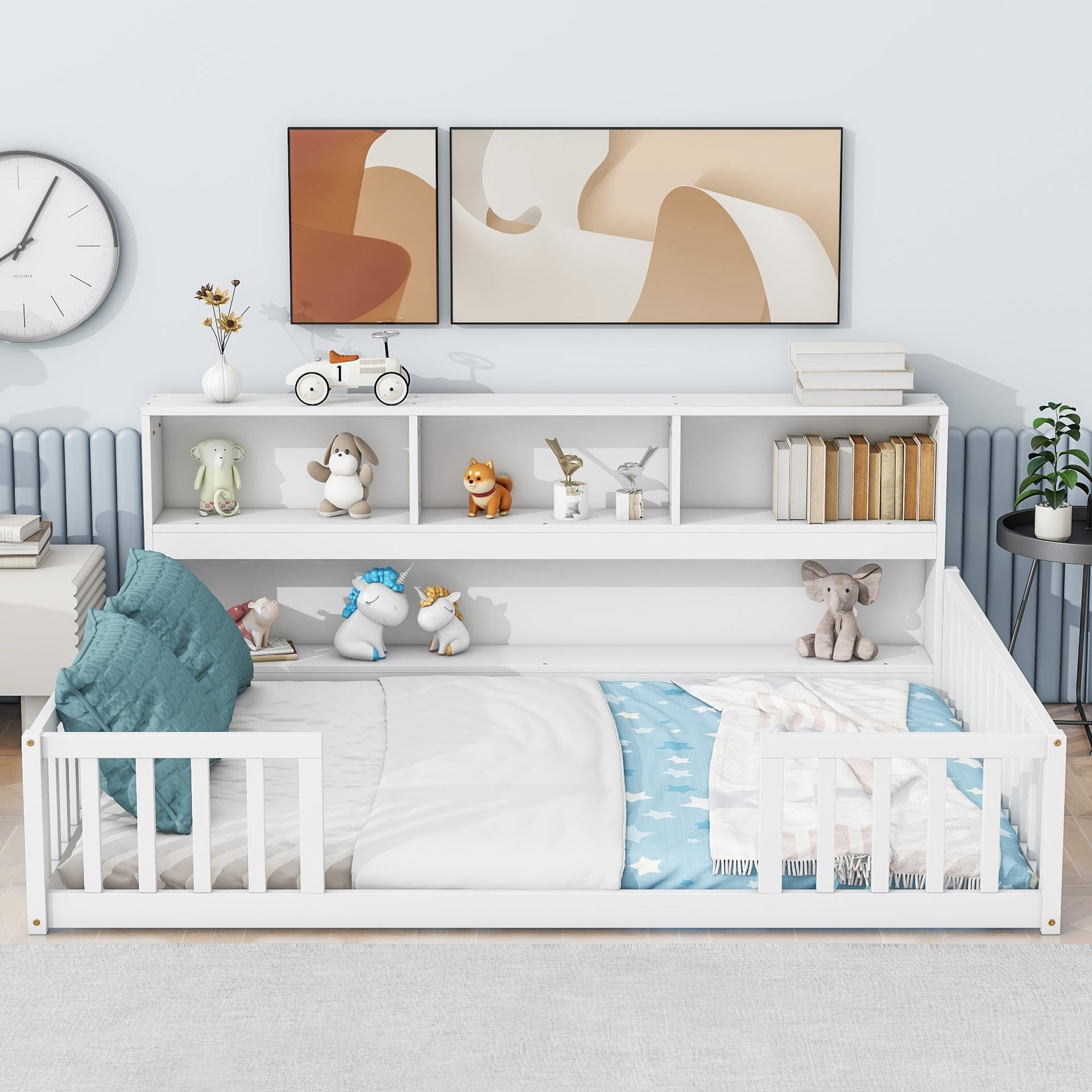 Full Floor Bed With Side Bookcase, Shelves & Guardrails