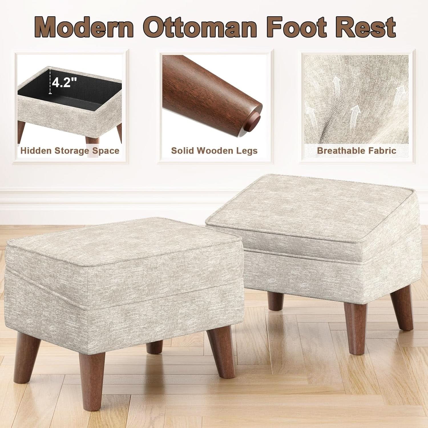 Beige Upholstered Storage Ottoman With Removable Lid