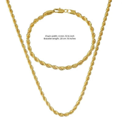 18K Gold European Classic Twist Necklace + Bracelet