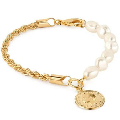18K Gold Rope and Pearl Bracelet with Coin Charm 8