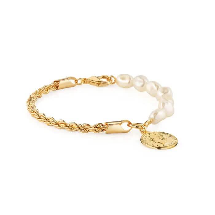 18K Gold Rope and Pearl Bracelet with Coin Charm 8