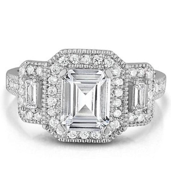18k White Gold Tri Stone Emerald Cut Cubic Zirconia Ring