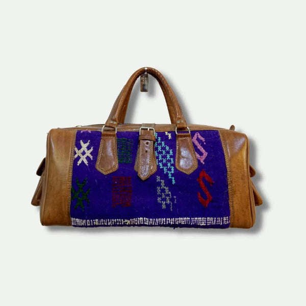 Brown Leather Travel Bag with Blue Moroccan Kilim – Handmade Duffle Ennovanest Limited