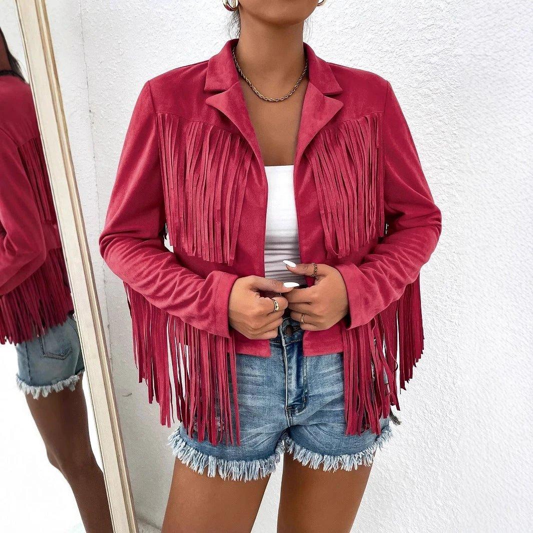 Spring And Autumn Women's V-neck Long Sleeve Fringe Jacket Solid Color Loose Short Coat