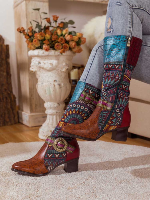 Bohemian Leather Splicing Pattern High Tube Boots