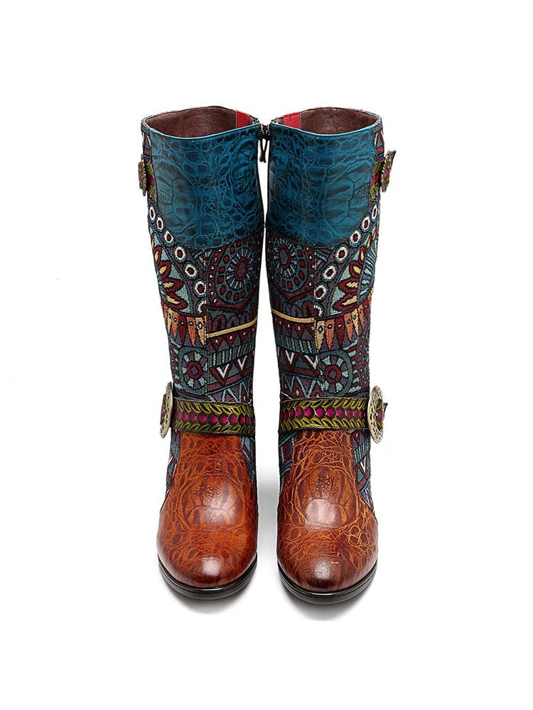 Bohemian Leather Splicing Pattern High Tube Boots