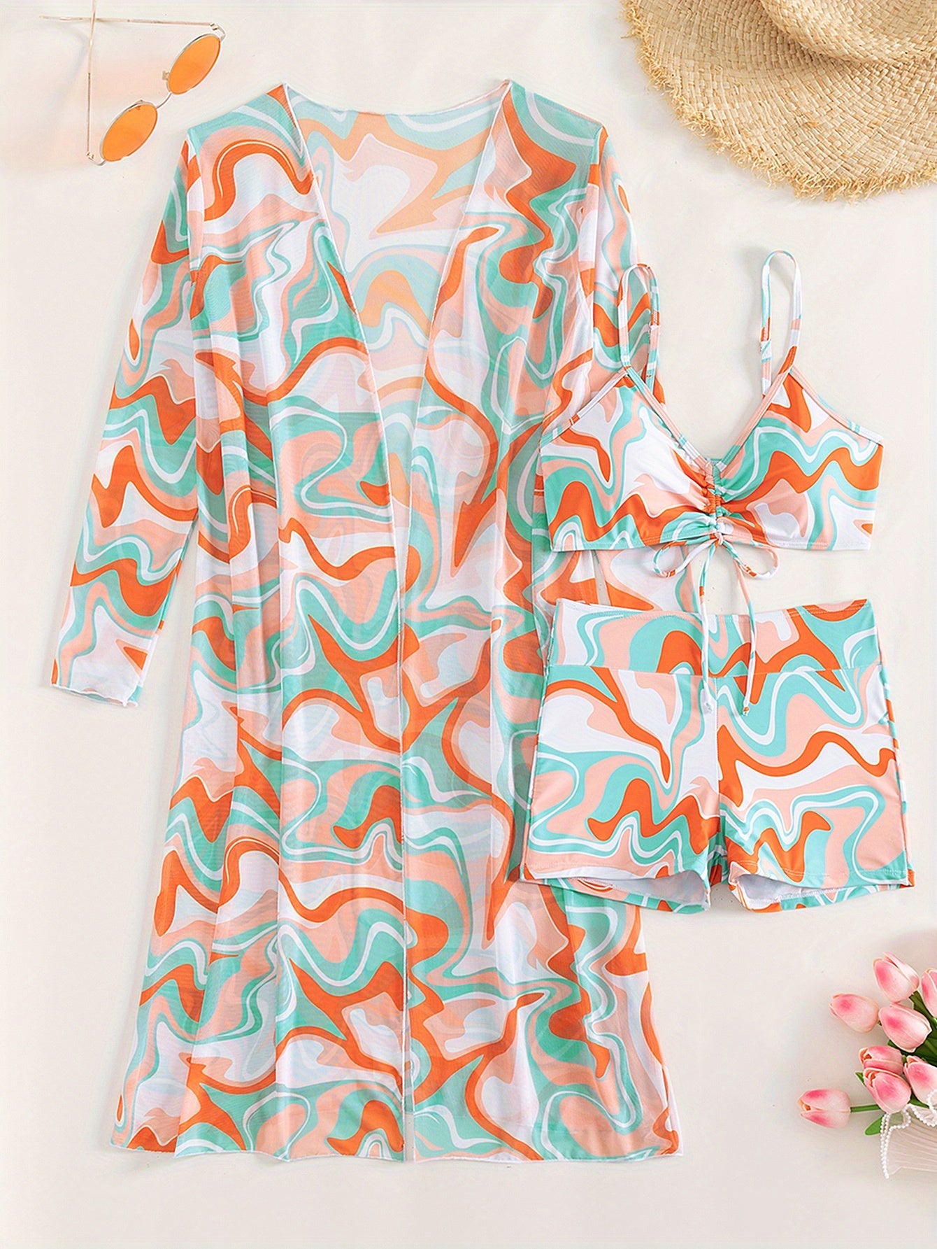 Luxe Lines 3-Piece Geometric Bikini Set for Women – High Rise Drawstring Bikini with Boxer Shorts & Long Sleeve Sheer Kimono Cover-Up – Bold & Breezy Women’s Swimwear for Summer Beach Pool & Getaways