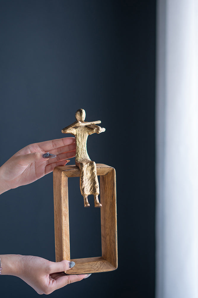 Musician Figure Sculpture with Mango Wood Base Decorative Tabletop Accent