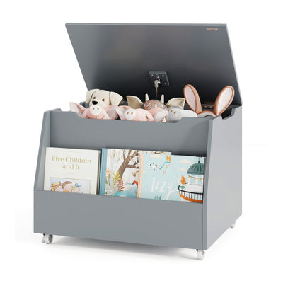 Wooden Mobile Toy Storage Organizer with Bookshelf and Lockable Wheels-Gray