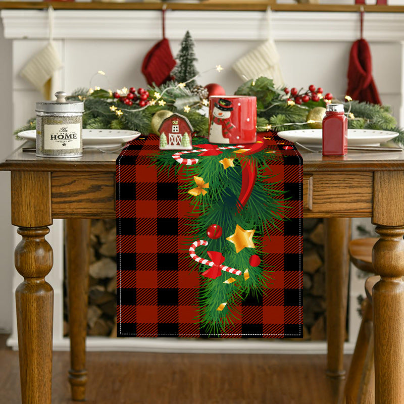 New Christmas table flag white linen bell printed tablecloth red and black checkered home decoration tablecloth pad