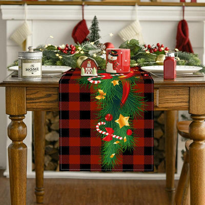 New Christmas table flag white linen bell printed tablecloth red and black checkered home decoration tablecloth pad