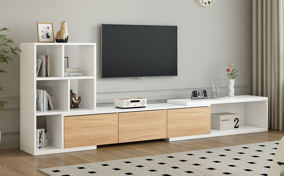 Front-facing view of Extendable TV Stand with 3 Tier Bookshelves in a cozy living room, offering stylish and functional storage.