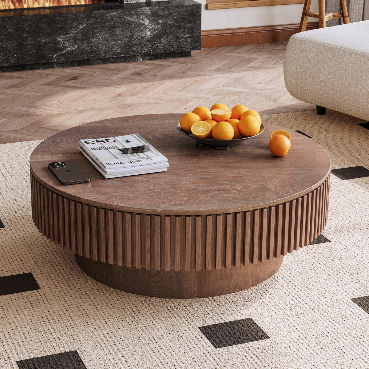 Modern Walnut Round Mushroom Coffee Table with Hidden Storage