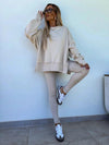 Sweater Suit Women's Casual Loose Long Sleeve Crew Neck Split Top Tight Trousers - Apricot / L