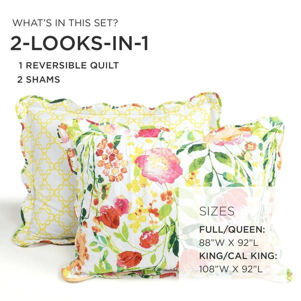 Leilani Watercolor Scallop Edged Floral 3 Piece Quilt Set