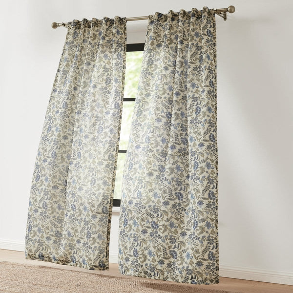 Lillian Block Print Linen Textured Window Curtain Panels