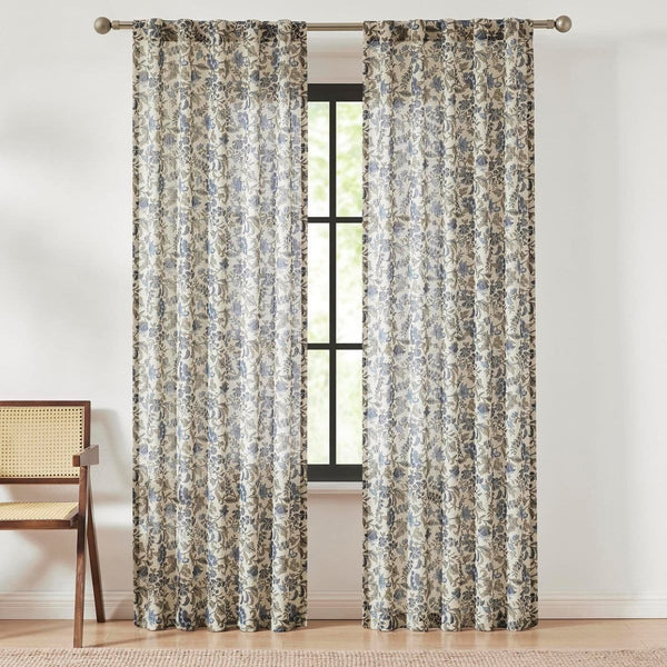 Lillian Block Print Linen Textured Window Curtain Panels