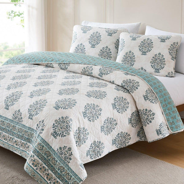Sofia Flower Block Bouquet Reversible Cotton Quilt 3Pc Set