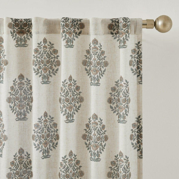 Sofia Flower Block Bouquet Linen Textured Window Curtain Panels