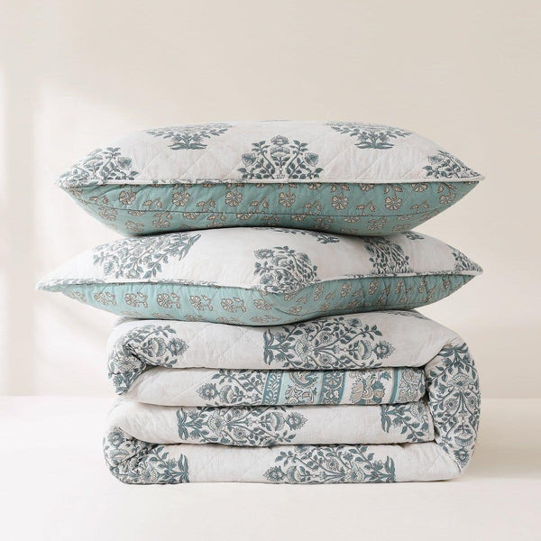 Sofia Flower Block Bouquet Reversible Cotton Quilt 3Pc Set