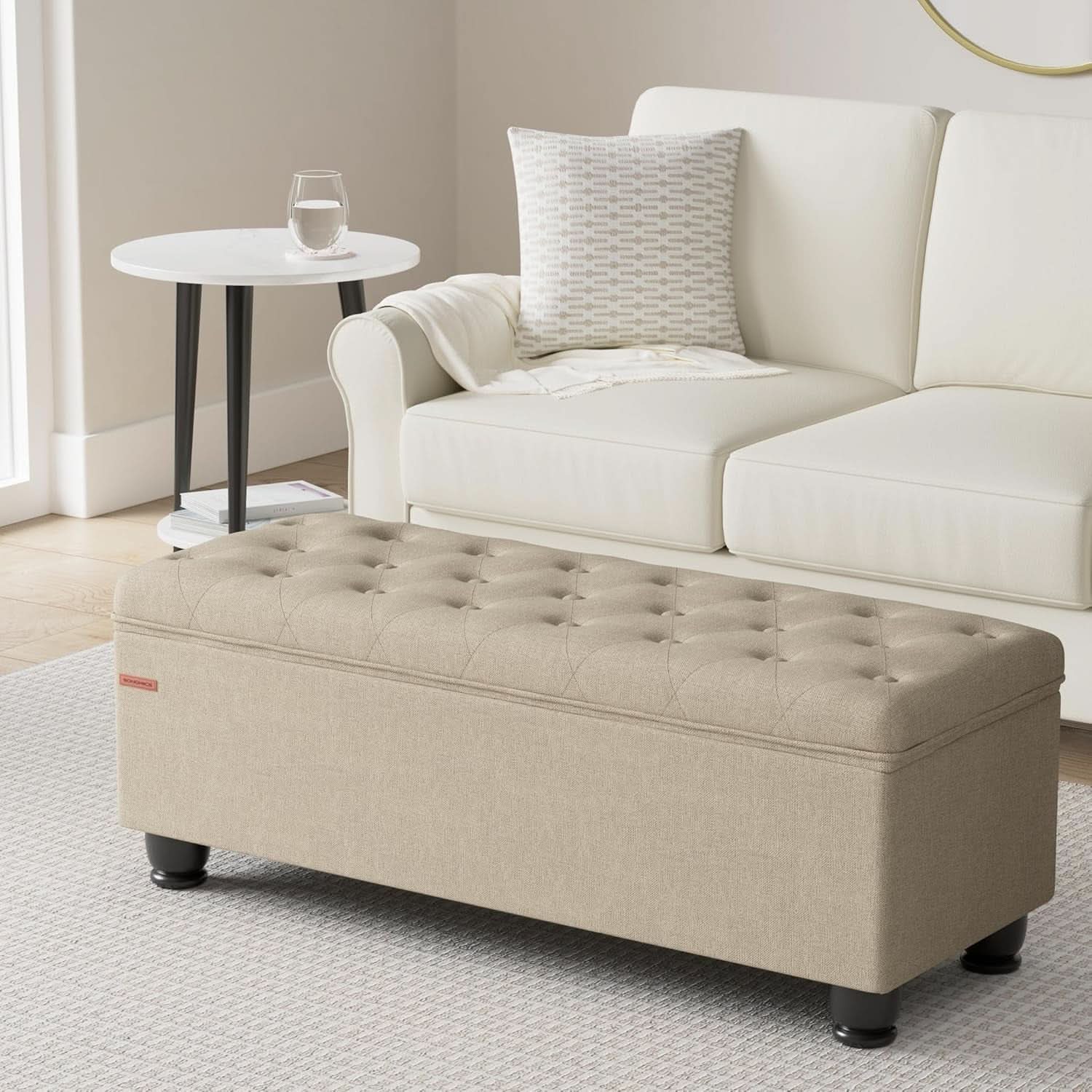 Camel Brown Linen Storage Ottoman Bench Reinforced