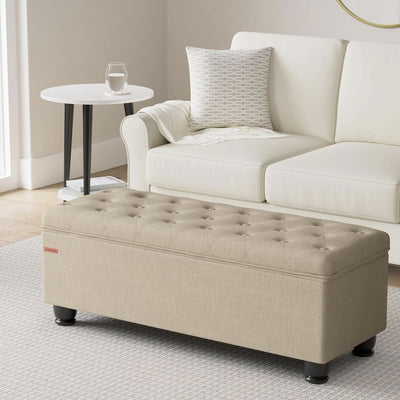 Camel Brown Linen Storage Ottoman Bench Reinforced