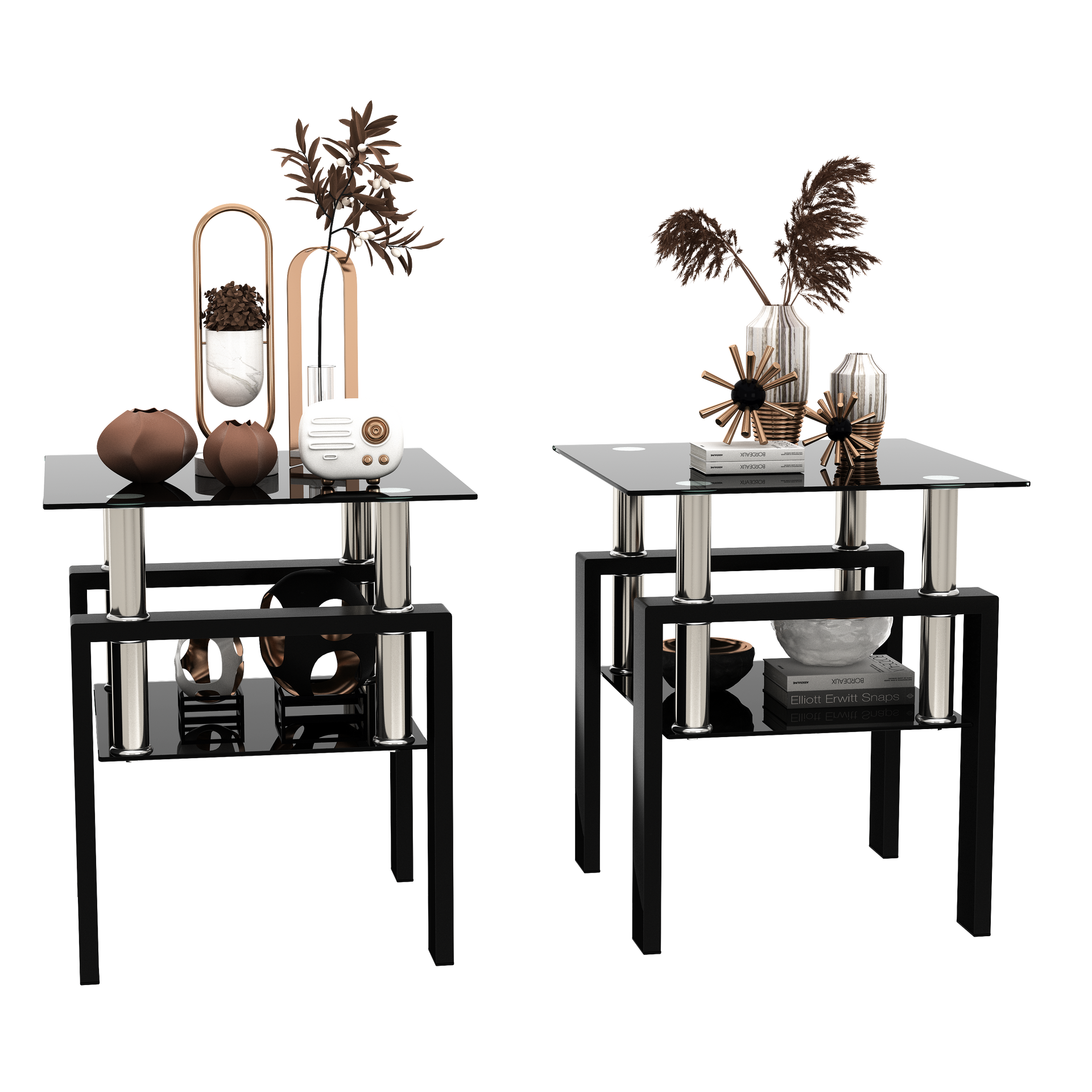 Set of 2, Modern Tempered Glass Tea Table Coffee Table End Table, Square Table for Living Room, Black