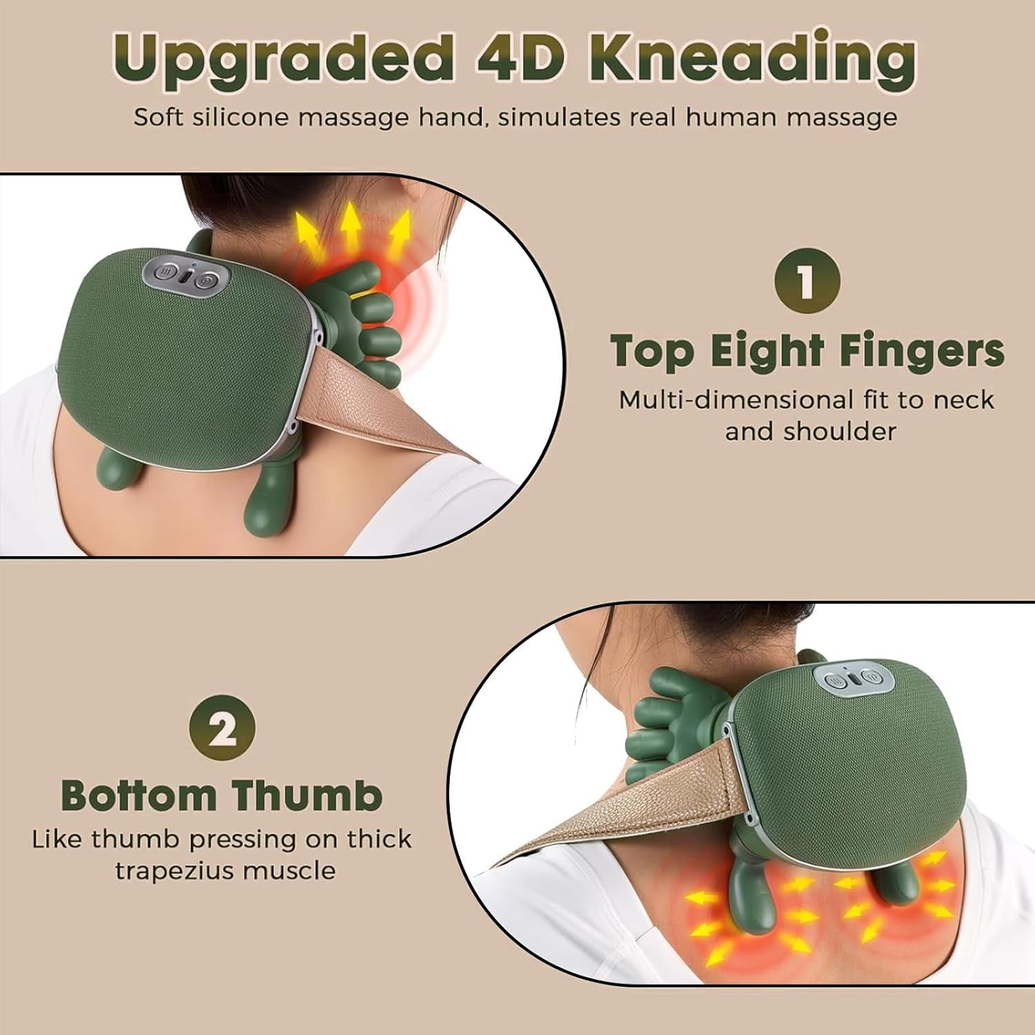 Neck Massager with Heat - Deep Tissue Shiatsu Electric Neck and Shoulder Massager with Fingers, 4D Kneading Design for Foot Back Body, Cordless Masajeador De Espalda Y Cuello, Portable for Travel
