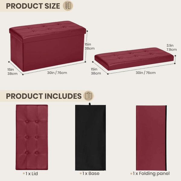 Ottoman Storage Bench 30x15x15 Inches Burgundy Leather