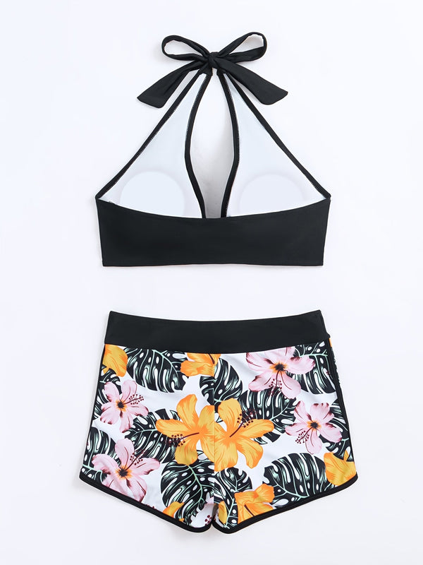 Bikini Floral Halter Neck 2 Piece Swimsuit for Women – Elegant Backless Bikini Set with Tie-Neck Bow and High Waist Shorts Bottoms – Stretchy and Comfortable Summer Swimwear for Beach Pool and Vacation