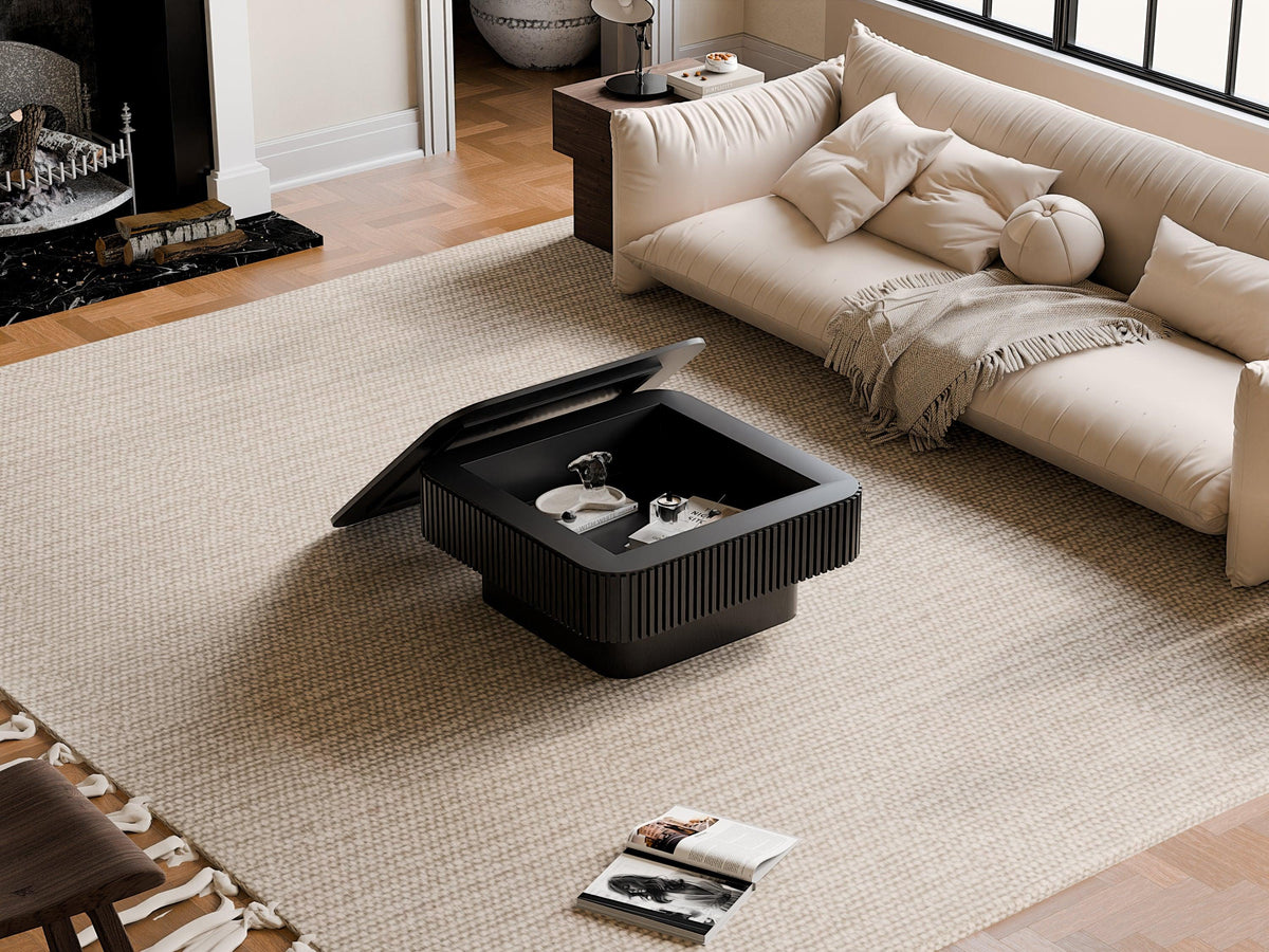 Modern Black Square Coffee Table with Hidden Storage