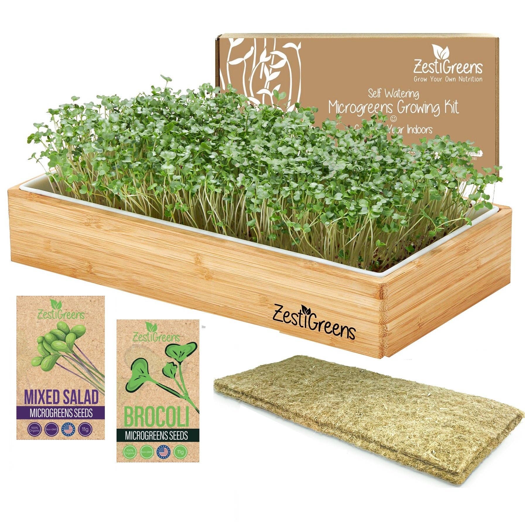 Microgreens Growing Kit – Self Watering Hydroponic Kit with Wooden Tray Planter