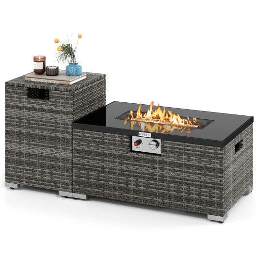 2-Piece Outdoor Rattan Fire Table Set 32 Inch Rectangle Gas Firepit with Tank Cover-Gray
