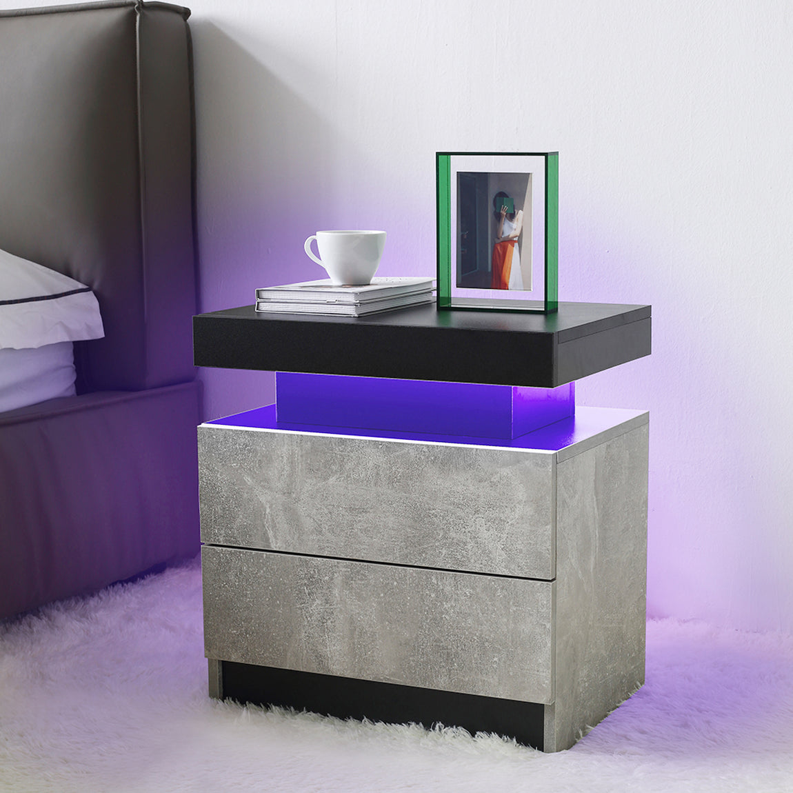 Modern LED Nightstand Bedside Table with 2 Drawers