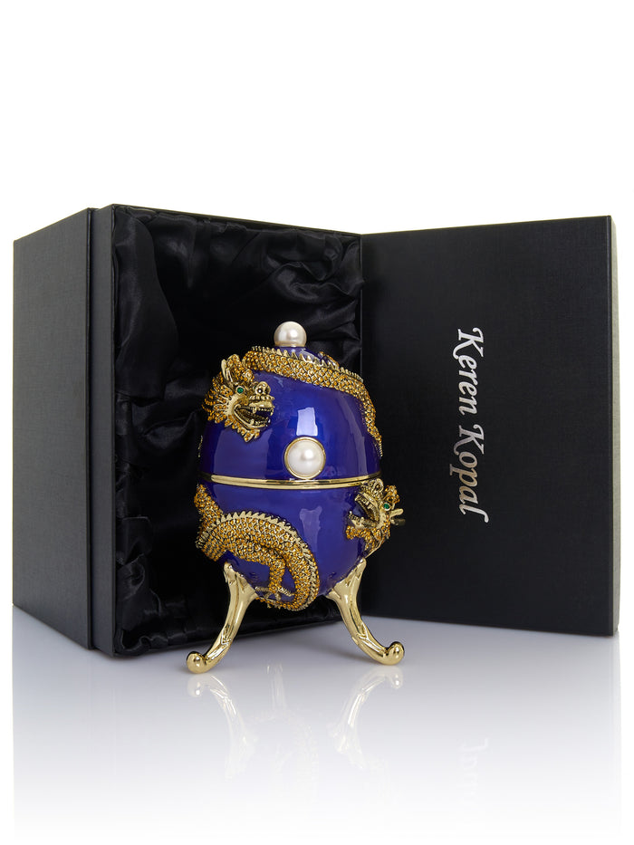 Blue Faberge Egg with Dragon Music Playing Egg - trinket box